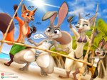 anthro arctic_fox beach bikini breasts camel_toe canid canine canis clothed clothing colored_edge_bikini digital_media_(artwork) disney english_text fan_character female flat_chested fox group hi_res jack_savage judy_hopps lagomorph leporid limbo link6432 male mammal nick_wilde pattern_bikini pattern_clothing pattern_swimwear rabbit red_fox seaside skye_(zootopia) smile striped_bikini striped_clothing striped_swimwear stripes swimwear text thick_thighs topless true_fox two-piece_swimsuit under_boob zootopia