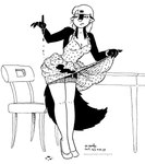 anthro black_and_white breasts chair cleavage clothed clothing clothing_lift dress dress_lift ear_piercing ear_ring female footwear fur furniture hair high_heels ink kelly_o'dor legwear mammal mephitid monochrome piercing ring_piercing shoes skunk solo striped_skunk table tegerio thigh_highs whiskers zandar's_saga