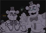 2024 4_fingers absurd_res animatronic anthro bear black_background blue_eyes bow_tie clothing dannabx_art duo ear_piercing electronics ellipsis exclamation_point fingers five_nights_at_freddy's five_nights_at_freddy's:_security_breach freddy_(fnaf) front_view glamrock_freddy hat headgear headwear hi_res holding_microphone holding_object machine male mammal microphone monochrome nail_painting open_mouth piercing pride_flag_question_mark question_mark questioning_ellipsis robot scottgames shoulder_pads simple_background speech_bubble steel_wool_studios teeth top_hat