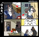 abs after_shower akita anthro at_work bathroom bathtub black_body black_dot_eyes black_fur black_nose breath brown_body brown_fur canid canine canis car comic coveralls crossed_arms digit_ring directional_arrow domestic_dog drying duo engagement_ring fangs fur furniture gab_(comic) gabshiba inside jewelry leaving male mammal multicolored_body multicolored_fur muscular muscular_anthro muscular_male necklace nipples pecs pink_nipples pink_nose pit_bull realization romantic romantic_couple ruff_bull solo spitz table teeth text towel towel_only towel_wrap two_tone_body two_tone_fur url vehicle voff_akita white_body white_fur