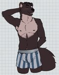 2024 anthro arm_tuft armpit_hair belly biped blush body_hair boxers_(clothing) brown_body brown_eyes brown_fur brown_hair brown_inner_ear brown_nipples brown_nose bulge burrows_(captain_nikko) checkered checkered_background clothed clothing colt_(captain_nikko) digital_drawing_(artwork) digital_media_(artwork) elbow_tuft fluffy fluffy_tail fur gulonine hair hand_behind_back hand_behind_head happy_trail hi_res inner_ear_fluff male male_anthro mammal marten multicolored_body multicolored_clothing multicolored_underwear mustelid musteline navel neck_tuft nipples one_eye_closed partially_clothed partially_clothed_male pattern_background pattern_clothing pattern_underwear portrait simple_background slim solo standing striped_clothing striped_underwear stripes tail tan_body tan_fur tan_inner_ear_fluff three-quarter_portrait tuft underwear underwear_only unsafescapewolf whiskers white_background white_sclera