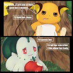 1:1 2010 apple brown_eyes chikorita colored comic conditional_dnp day detailed_background dialogue duo english_text female food fruit generation_1_pokemon generation_2_pokemon grass insomniacovrlrd male mammal nintendo outside plant pokemon pokemon_(species) raichu red_eyes rodent tail text