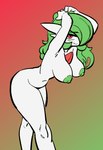 areola arms_above_head breasts female gardevoir generation_3_pokemon green_areola green_hair green_nipples hair hi_res humanoid looking_at_viewer navel nintendo nipples pirpole_haze pokemon pokemon_(species) red_eyes smile solo white_body white_ears wide_hips