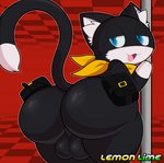 2024 absurd_res anthro atlus backsack balls bandanna belt big_balls big_butt biped black_body black_fur blue_eyes butt cat_tail digital_drawing_(artwork) digital_media_(artwork) domestic_cat english_text felid feline felis fur genitals half-closed_eyes hi_res huge_butt kerchief lemonlime looking_at_viewer male mammal markings mask megami_tensei megami_tensei_persona morgana_(persona) multicolored_body narrowed_eyes persona_(series) persona_5 pole presenting presenting_hindquarters sega smile solo tail tail_markings text thick_thighs tuxedo_cat two_tone_body white_body white_fur