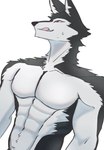 abs anthro artlietliet biceps black_body black_fur canid canine canis digital_drawing_(artwork) digital_media_(artwork) fur grey_body grey_fur hi_res male mammal muscular muscular_anthro muscular_male pecs red_eyes simple_background smile solo tongue tongue_out wolf wolf_butler wolf_butler_and_his_cat_master