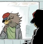 accipitrid accipitriform anthro avian bathroom beak bird brown_body brown_feathers clothed clothing eagle faucet feathers hat headgear headwear looking_away male mirror public_restroom shurueder solo