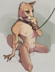 2024 amarayas anthro athletic blue_eyes brown_body collar cougar featureless_crotch felid feline kneeling leash leashed_collar male mammal raitlin runasolaris simple_background solo submissive submissive_male whiskers