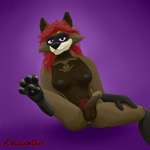 1:1 2024 absurd_res anthro anus balls baphle breasts feet foot_focus genitals gradient_background gynomorph hair hi_res intersex mammal nipples pawpads paws penis procyonid pubes puffy_anus purple_eyes raccoon raccoongirl red_hair simple_background sitting solo