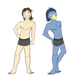 1:1 alternate_species anthro avian bird bluebird boxer_briefs bulge clothed clothing duo fuze grin hi_res human humanized josh_oliver male mammal navel nipples oscine passerine simple_background smile texnatsu thrush_(bird) topless underwear underwear_only white_background