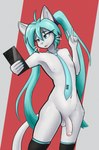 absurd_res anthro balls blue_eyes cellphone crossgender domestic_cat electronics felid feline felis fur genitals gesture hair hand_gesture hatsune_miku hi_res long_hair male mammal nude observerdoz penis phone simple_background smartphone solo v_sign vocaloid white_body