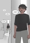 anthro black_hair clothed clothing comic dialogue digital_media_(artwork) english_text female hair hi_res human human_only looking_at_viewer mammal night_(theterm) not_furry open_mouth simple_background text theterm young