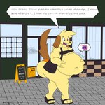 1:1 absurd_res anthro big_butt blonde_hair butt canid canine canis clothed clothing crossdressing dirtymac domestic_dog english_text fur hair hi_res huge_butt male mammal overweight overweight_anthro overweight_male sentient_fat text tight_clothing vore weight_gain yellow_body yellow_fur