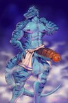 2019 5_fingers abs animal_genitalia anthro armor artist_name balls big_balls big_muscles big_penis biped blue_balls blue_eyes blue_nipples blue_penis blue_tail bodily_fluids cock_armor countershade_legs countershade_neck countershade_tail countershade_torso countershading digital_media_(artwork) digital_painting_(artwork) dinosaur dripping fingers front_view genital_fluids genitals gimmemysmokes glans glistening glistening_arms glistening_balls glistening_body glistening_genitalia glistening_legs glistening_penis hi_res huge_balls huge_penis light_body long_tail male markings muscular muscular_arms muscular_thighs navel nipples pecs penis portrait precum precum_drip prehistoric_species purple_body red_glans reptile scalie shaded shower simple_background solo standing steam striped_arms striped_body striped_legs striped_markings striped_tail stripes tail tail_markings thick_penis thick_thighs three-quarter_portrait towel towel_only unconvincing_armor urethra veiny_arms wet wet_body