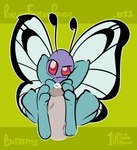 1upgobbo 2023 ambiguous_gender anthro arthropod big_penis big_wings bodily_fluids butterfree duo english_text erection feet feet_on_penis first_person_view foot_fetish foot_play footjob from_front_position generation_1_pokemon genital_fluids genitals green_body green_skin grey_background grey_penis hi_res humanoid_feet humanoid_genitalia humanoid_penis looking_at_viewer male male/ambiguous male_pov multicolored_body multicolored_skin nintendo penis plantigrade pokemon pokemon_(species) precum red_eyes sex simple_background sitting soles text two-footed_footjob two_tone_body two_tone_skin vein veiny_penis wings