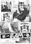 anthro blackmailz canid canine canis clothing comic dialogue domestic_dog english_text eye_contact felid fur gray_(blackmailz) greyscale hector_(blackmailz) hi_res looking_at_another male male/male mammal monochrome pantherine tail text tiger