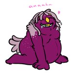 1:1 2024 ambiguous_gender anthro bodily_fluids bugsnax colored digital_drawing_(artwork) digital_media_(artwork) drooling english_text feeding flat_colors floofty_fizzlebean full-length_portrait fur grumpus hair hi_res magenta_fur portrait pregnant pregnant_anthro pregsnax(artist) saliva simple_background solo text young_horses