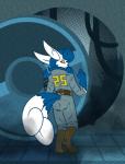 2016 2_tails ambiguous_gender anthro belt blue_body blue_fur blue_hair boots cable caitlyn_(swordfox) cave clothing crossover door fallout fallout:_pca felid feline footwear fur generation_6_pokemon gloves_(marking) hair hi_res kompy looking_back mammal markings meowstic microsoft multi_tail neck_tuft nintendo pip-boy pokemon pokemon_(species) pokemorph post-apocalyptic red_eyes shadow shoes silhouette solo story story_in_description tail tuft vault vault_door vault_suit white_body white_fur yellow_sclera