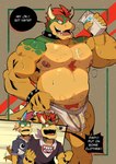 aged_up anthro big_muscles bodily_fluids body_hair bowser bowser_jr. bulge clothed clothing dialogue english_text facial_hair father_(lore) father_and_child_(lore) father_and_son_(lore) fully_clothed genital_fluids genitals group hair heart_symbol hearts_around_head hi_res horn implied_homosexuality koopa koopaling leg_hair lemmy_koopa male mario_bros mature_male milk milk_carton mostly_nude musclegut muscular muscular_anthro muscular_male nintendo nipples parent_(lore) parent_and_child_(lore) parent_and_son_(lore) pecs penis penis_base precum precum_through_clothing precum_through_underwear pubes red_hair reptile scales scalie shirt skimpy son_(lore) spiked_tail spikes spikes_(anatomy) stubble t-shirt tail tail_motion tailwag text topwear trio underwear underwear_only wet wet_clothing yellow_body yellow_scales zipperhyena