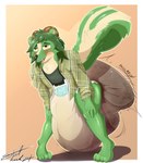 absurd_res anthro bent_over big_diaper blush breck_(nrajoush) clothed clothing diaper dragon extremius_amphibious feces front_view fur green_body green_fur hands_on_knees hands_on_legs hi_res horn huge_diaper hunched_over male mammal mephitid messy messy_diaper mythological_creature mythological_scalie mythology open_clothing open_mouth open_shirt open_topwear pooping raised_tail scalie shirt skunk smile soiled_diaper soiling soiling_diaper solo standing tail topwear transformation unclean_diaper used_diaper