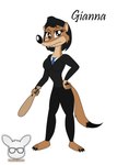 a_toon_rabbit_in_a_weasels'_den anthro baseball_bat bat_(object) black_hair black_tie_(suit) brown_body brown_eyes brown_fur clothing female fur gianna_(kendraeevee) hair hi_res kendraeevee kendratheshinyeevee mammal mustelid musteline solo suit true_musteline weasel