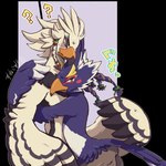 1:1 anthro avian beak bird blue_body blue_feathers braided_pseudo_hair breath_of_the_wild duo feathers hug japanese_text male male/male nintendo nude revali rito size_difference sunekosuri_z teba_(tloz) text the_legend_of_zelda white_body white_feathers wings