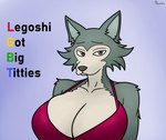 2024 anthro beastars big_breasts bra breasts canid canine canis clothing conditional_dnp crossgender female fur grey_body grey_fur hi_res huge_breasts humor legoshi_(beastars) lgbt looking_at_viewer male_(lore) mammal meme mtf_crossgender pawsta red_bra red_clothing red_underwear solo underwear wolf