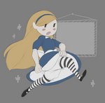 4chan_anon alice_(alice_in_wonderland) alice_in_wonderland anonymous_artist blonde_hair clothed clothing clothing_lift coupon_alice dress female hair human legwear mammal not_furry running solo stockings text unknown_artist