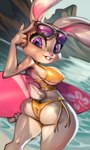 2024 3:5 4_fingers anthro bikini breasts buckteeth butt clothed clothing disney eyelashes eyewear female fingers fur grey_body grey_fur hi_res holding_object holding_surfboard judy_hopps lagomorph leporid looking_at_viewer mammal nipple_outline pink_nose purple_eyes rabbit scut_tail short_tail solo sunglasses surfboard swimwear tail teeth thefuckingdevil thick_thighs tropical two-piece_swimsuit yellow_bikini yellow_clothing yellow_swimwear zootopia