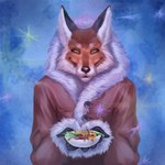 1:1 2023 alice_the_vixen anthro breasts canid canine clothed clothing coat female food fox fur gloves handwear hi_res hybrid mammal marmalade_(food) multicolored_body multicolored_fur open_mouth popiartist smile snow solo standing sweets tiny_bunny topwear winter winter_coat yellow_eyes