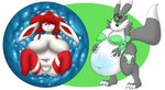 anthro bandai_namco belly big_belly big_breasts breasts digimon digimon_(species) digiwolx_(character) duo eeveelution female female/female generation_4_pokemon glaceon green_nipples hi_res nintendo nipples pokemon pokemon_(species) renamon vlea vlea_(vglaceon) vore