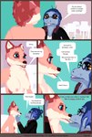 3d_(artwork) amphibian anthro breasts canid canine close-up clothed clothing comic dialogue digital_media_(artwork) duo english_text female female/female fox french_kissing furniture hair hand_on_head hi_res kissing lennox_(mynka) mammal mynka nipples nude open_mouth raelynn_(mynka) salamander speech_bubble text tongue tongue_out work_clothes