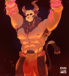 2022 abs anthro areola armpit_hair arms_tied athletic athletic_anthro athletic_male barazoku biceps big_muscles biped black_sclera blush body_hair bone bottomwear bound bovid bovine broken_horn bulge chest_fur chest_hair chest_tuft clothed clothing detailed_bulge digital_media_(artwork) european_mythology facial_hair fur genital_outline glowing glowing_eyes gradient_background greek_mythology hairy horn huge_muscles huge_thighs koko2unite loincloth magic male mammal manly mature_male minotaur minotaur_(the_legend_of_pipi) muscular muscular_anthro muscular_arms muscular_male muscular_sub muscular_thighs mythology navel nipple_piercing nipples obliques open_mouth pecs penis_outline piercing pink_nipples plant pubes red_eyes ring ring_piercing shadow simple_background skeleton skull skull_head solo standing submissive the_legend_of_pipi thick_thighs topless topless_male triceps tuft vines white_body worried wrists_tied