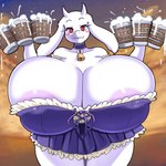 1:1 2022 alcohol anthro areola barmaid beer bell beverage big_breasts boss_monster_(undertale) bovid breasts caprine cleavage clothed clothing dress exposure_variation female floppy_ears front_view fur hi_res holding_object horn huge_breasts hyper hyper_breasts ichduhernz looking_at_viewer mammal mature_female red_eyes smile solo toriel undertale undertale_(series) white_body white_fur