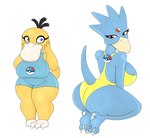 anthro beak big_breasts big_butt black_hair blue_body blue_eyes breasts butt clothing duo female generation_1_pokemon golduck hair hi_res huge_breasts nintendo pokeball pokemon pokemon_(species) psyduck red_eyes simple_background swimwear tail urusee584 white_background yellow_body