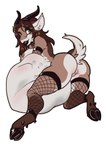 antelope anthro anthro_pred armwear belly big_belly bovid clothing cloven_hooves digital_media_(artwork) ear_piercing ear_ring face_imprint female female_anthro female_pred firekitty fishnet_armwear fishnet_clothing fishnet_legwear genitals hi_res hoop_ear_ring hooves huge_belly imprint legwear looking_back mammal nipples oral_vore piercing pussy rear_view resting_on_belly ring_piercing same_size_vore unseen_prey vore