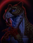 abstract_background anthro blood bodily_fluids cheetah claws fangs felid feline forked_tongue hi_res hybrid long_tongue looking_at_viewer male mammal open_mouth reptile riorix saliva saliva_string scalie snake solo teeth tongue tongue_out