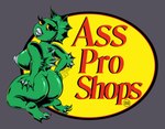 anthro bass_pro_shops big_breasts breasts butt dorsal_fin english_text female fin fish green_body grey_background hands_on_hips hazarts head_fin hi_res humanoid kneeling lips logo looking_at_viewer marine monster nipples parody signature simple_background solo text yellow_eyes