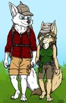 2023 aliya_sari_(readerno31142) anthro backpack blue_eyes brown_body brown_fur brown_hair canid canine canis clothing corsac_fox duo female fox fur green_eyes hair hand_holding hat headgear headwear jewelry male mammal martin_silverhowl_(readerno31142) necklace tan_body tan_fur true_fox white_body white_fur wolf ziegelzeig