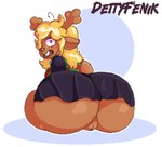 absurd_res anthro big_butt blonde_hair blush bottomwear butt clothing deer deltarune dettyfenik female genitals hair hi_res looking_at_viewer looking_back looking_back_at_viewer mammal monster noelle_holiday nude pussy sitting skirt solo tail text undertale_(series)