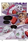 2:3 bastriw blood blood_on_face bodily_fluids boxing_gloves canid canine canis clothing comic dialogue english_text felid fight fighting_ring green_eyes handwear hi_res lion male mammal muscular muscular_male nico_(bastriw) pantherine text url wolf