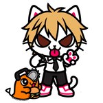 1:1 alternate_species ambiguous_gender anthro blep burger chainsaw_man chibifur cyberneko demon denji_(chainsaw_man) domestic_cat felid feline felis feral food furrification male mammal necktie pochita_(chainsaw_man) simple_background superflat tail tongue tongue_out white_background