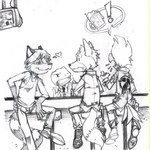 alcohol anthro ayato bar beer beverage clothed clothing dialog_box electronics falco_lombardi flirting fox_mccloud fully_clothed group heart_symbol inside male necktie nintendo shirt slippy_toad sound_effects star_fox tank_top television topwear traditional_media_(artwork) yelling