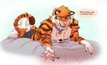 anthro canid canine clothed clothing collar dialogue duo english_text felid fox hi_res male male/male mammal moshihun pantherine sitting_on_another submissive submissive_male text tiger tongue tongue_out topless