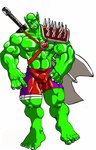 abs armor axe bald balls_outline bottomwear bulge clothing detailed_bulge double_bitted_axe genital_outline green_body green_skin hi_res humanoid male muscular muscular_male nipples not_furry orc pecs pink_nipples shorts solo tomcat_(artist) trassk vein veiny_muscles