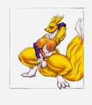 anthro ball_tuft balls bandai_namco big_breasts big_nipples blush bodily_fluids breasts canid canine digimon digimon_(species) digitigrade fluffy fluffy_tail frown genital_fluids genitals gynomorph hand_behind_head humanoid_genitalia humanoid_penis intersex kentuckiyucki mammal masturbation muscular muscular_anthro muscular_arms muscular_gynomorph muscular_intersex navel neck_tuft nipples paws penis precum pubes renamon slightly_chubby solo sweat tail thick_thighs tuft wide_hips