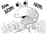 ambiguous_gender baalbuddy black_and_white blue_pikmin bulborb_(pikmin) elemental_creature english_text eyestalks feral flora_fauna flower grass greyscale group hi_res humor leaf lying monochrome nintendo not_furry on_front open_mouth panicking pikmin pikmin_(species) plant red_pikmin red_spotty_bulborb shaded sound_effects text vore yellow_pikmin