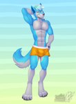 2019 4_toes abs anthro artist_logo artist_name bedroom_eyes blue_body blue_fur blue_markings bulge canid canine canis cheek_tuft chest_tuft claws clothed clothing detailed_bulge digitigrade facial_tuft feet finger_claws fingers fluffy fluffy_tail fur gloves_(marking) gradient_background green_eyes grey_nose grey_pawpads hand_behind_neck hand_on_hip head_tuft hi_res kafei_(opcoffee) leg_markings logo looking_at_viewer male mammal markings muscular muscular_anthro muscular_male narrowed_eyes pattern_background pawpads paws pecs seductive shaded simple_background smile socks_(marking) soft_shading solo standing tail text thumb_in_waistband toe_claws toes toothy_smile tuft underwear underwear_only url vallhound white_body white_fur wolf