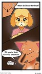 4:7 absurd_res animal_crossing anthro canid canine canis clothed clothing comic crazy_redd dialogue domestic_dog duo english_text female fox halftone halftone_background hi_res isabelle_(animal_crossing) male mammal nintendo partially_clothed pattern_background simple_background starabbit text