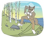 4_fingers 4_toes american_mythology anthro arm_tuft aspen_tree bent_legs biceps biped black_nose blue_sky brown_eyebrows canid canine canis casual_nudity cheek_tuft chest_tuft colored coyote coyote_(native_american_mythology) coyote_stories curling_tail digital_drawing_(artwork) digital_media_(artwork) ears_outwards eye_socket eyebrows eyeless facial_tuft featureless_crotch feet field fingers fist flat_colors flexible flexing flexing_bicep flexing_both_biceps flexing_muscles fluffy fluffy_tail forest forest_background fur gloves_(marking) gradient_sky grass grey_body grey_fur hill humanoid_feet humanoid_hands humanoid_heel illustration indigenous_north_american_mythology knees_bent leg_markings male mammal markings molly_trainor mountain multicolored_body multicolored_fur mythology natural nature nature_background north_american_mythology nude nude_anthro on_grass one_eye_half-closed outdoor_nudity outside pivoted_ears plant plantigrade presenting proud public_domain rock shaded shoulder_tuft showing_off_muscles sky smug smug_expression smug_eyes smug_face smug_grin socks_(marking) solo standing story story_at_source tail three-quarter_view toes tree tuft two_tone_body two_tone_fur vein veiny_arms veiny_muscles white_body white_chest white_feet white_fur white_hands yellow_sky