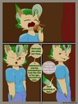 3:4 absurd_res anthro canid canine clothed clothing comic dialogue digital_drawing_(artwork) digital_media_(artwork) eeveelution english_text flamberry_(artist) fur generation_1_pokemon generation_4_pokemon hi_res ibispaint_(artwork) leaf leaf_tail leafeon lyennan_venizee_flare_(flamberry) male mammal nintendo one_eye_closed open_mouth pokemon pokemon_(species) simple_background smile smiling_at_another smiling_at_each_other solo tail teeth text tongue yawn